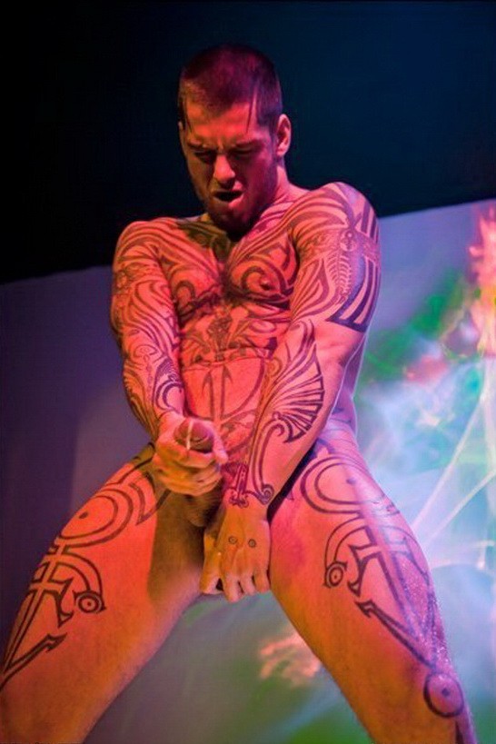 Hot Tatted Stripper Cums on Stage for the Crowd