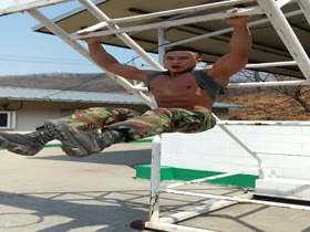 super hot hunky Korean soldier works out