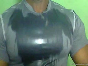 Big Bodybuilder worshipping pecs in tight and wet tshirt