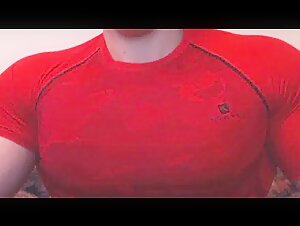 Pecs & Biceps Flexing in Tight Red Shirt