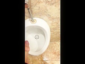 jacking his monster cock in a public toilet